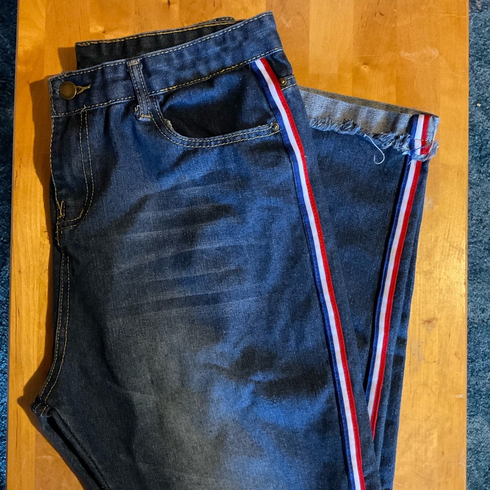Blue and Red Ankle Cropped Jeans with Natural Fading
